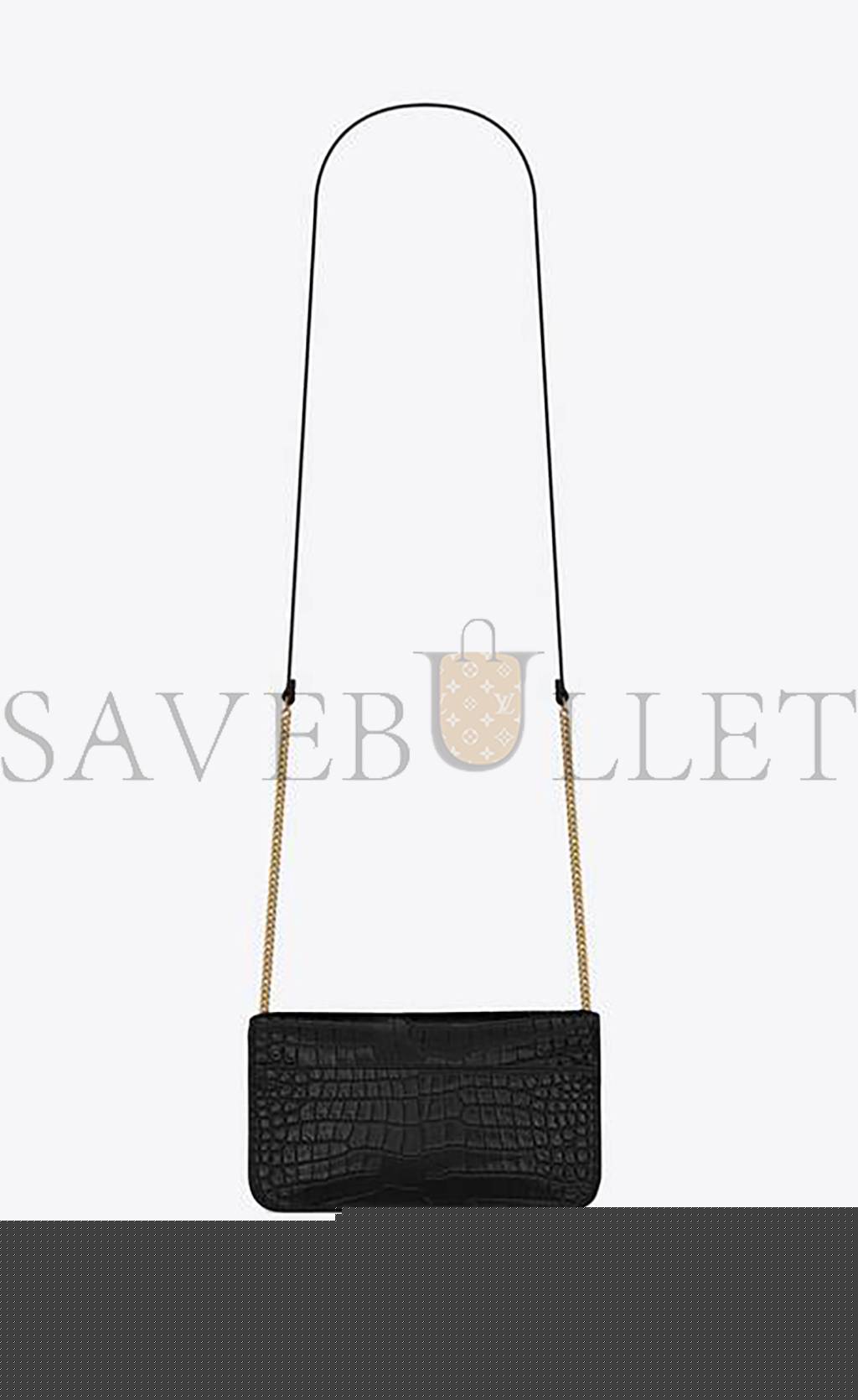 YSL CASSANDRE PHONE HOLDER WITH STRAP IN SHINY CROCODILE-EMBOSSED LEATHER 635095DND1J1000 (18*11*2.5cm)