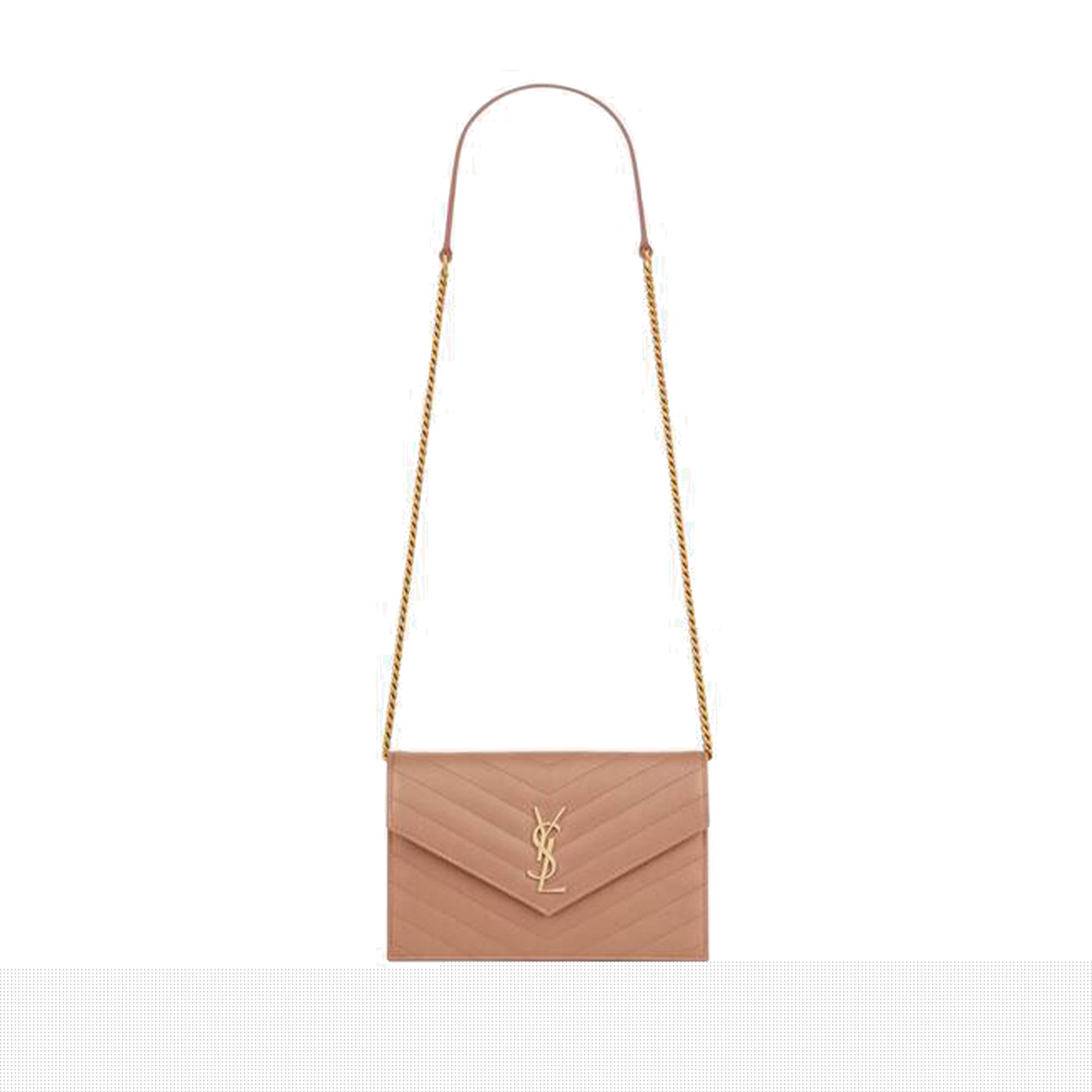 YSL CASSANDRE MATELASSÉ ENVELOPE CHAIN WALLET IN GRAIN DE POUDRE EMBOSSED LEATHER 695108BOW019830 (19*12.5*3.5cm)