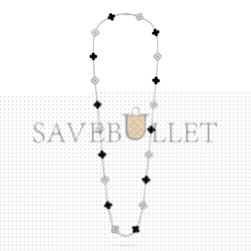 VAN CLEEF ARPELS VINTAGE ALHAMBRA LONG NECKLACE, 20 MOTIFS - WHITE GOLD, DIAMOND, ONYX  VCARP2R800