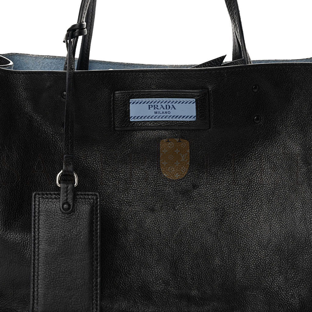 Pra*a glace calfskin etiquette shopping bag black astrale (33*22*16cm)