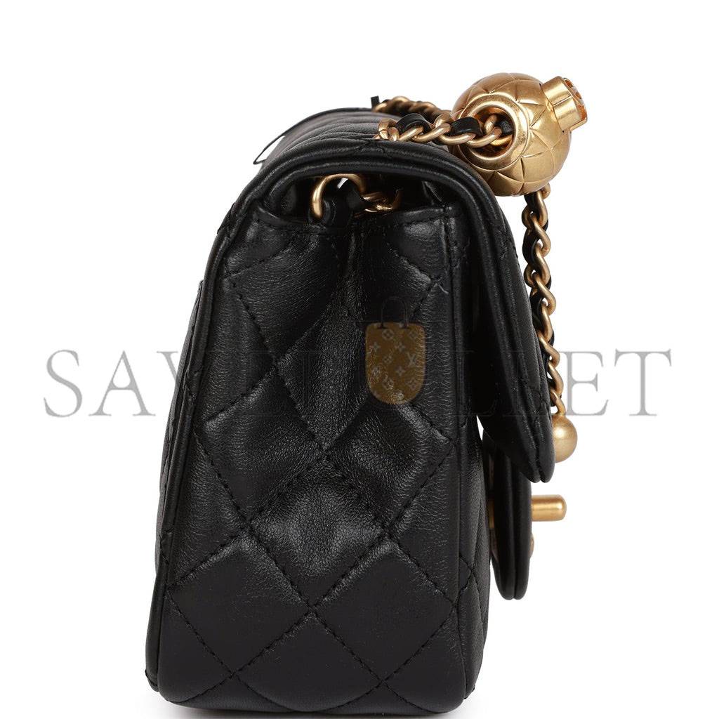 Ch*el pearl crush mini square flap bag black lambskin antique gold hardware  (17*14*8cm)