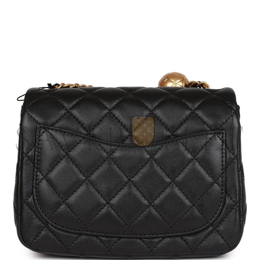 Ch*el pearl crush mini square flap bag black lambskin antique gold hardware  (17*14*8cm)