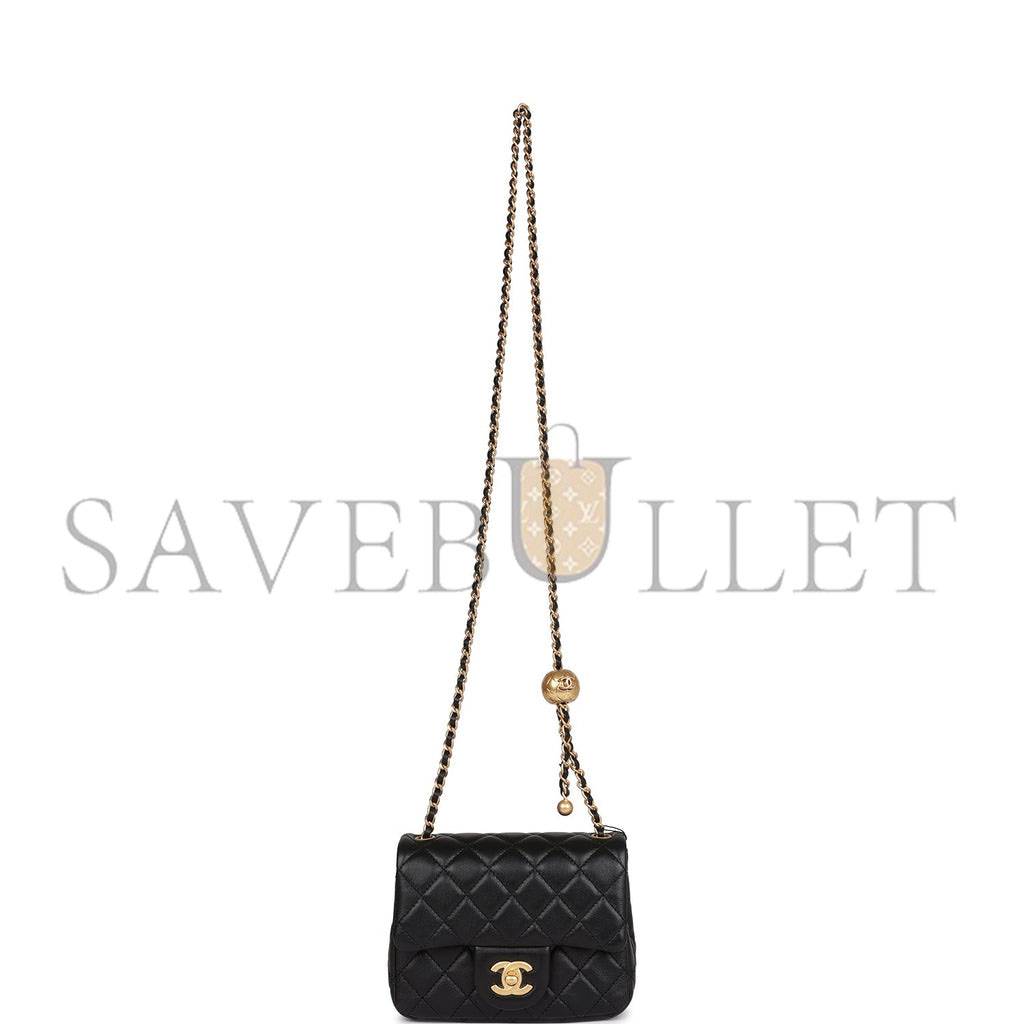 Ch*el pearl crush mini square flap bag black lambskin antique gold hardware  (17*14*8cm)