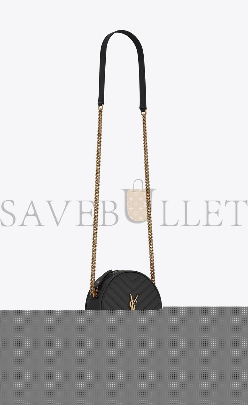YSL VINYLE ROUND CAMERA BAG IN CHEVRON-QUILTED GRAIN DE POUDRE EMBOSSED LEATHER 6104361GF071000 (17*17*5.5cm)